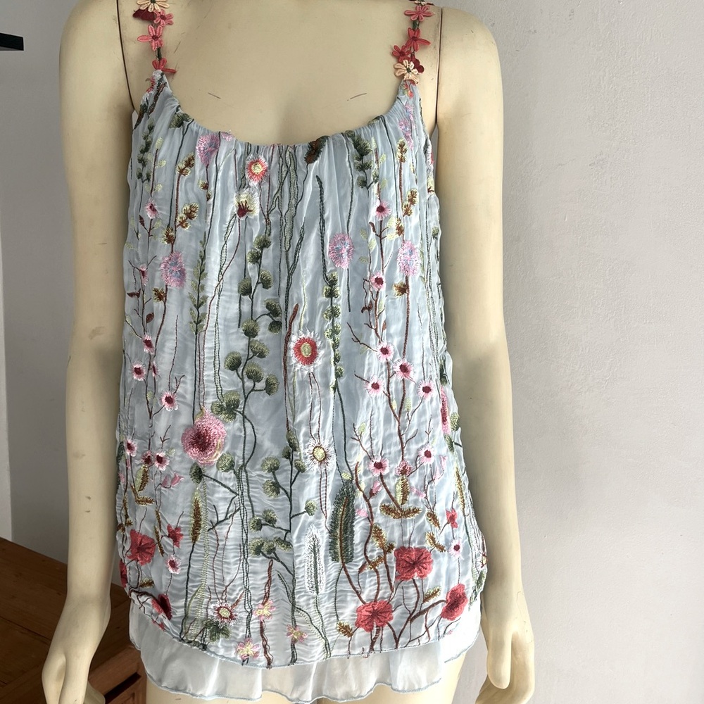 NWT Tina Stephens Italian Silk Maria Embroidered Floral Celestial Blue Cami OS
